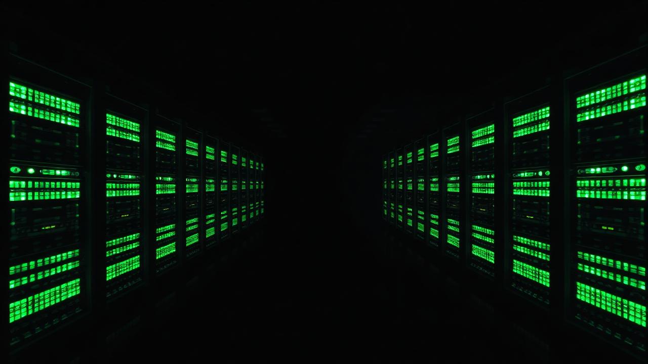 Rows of glowing pixel-art server racks receding into darkness