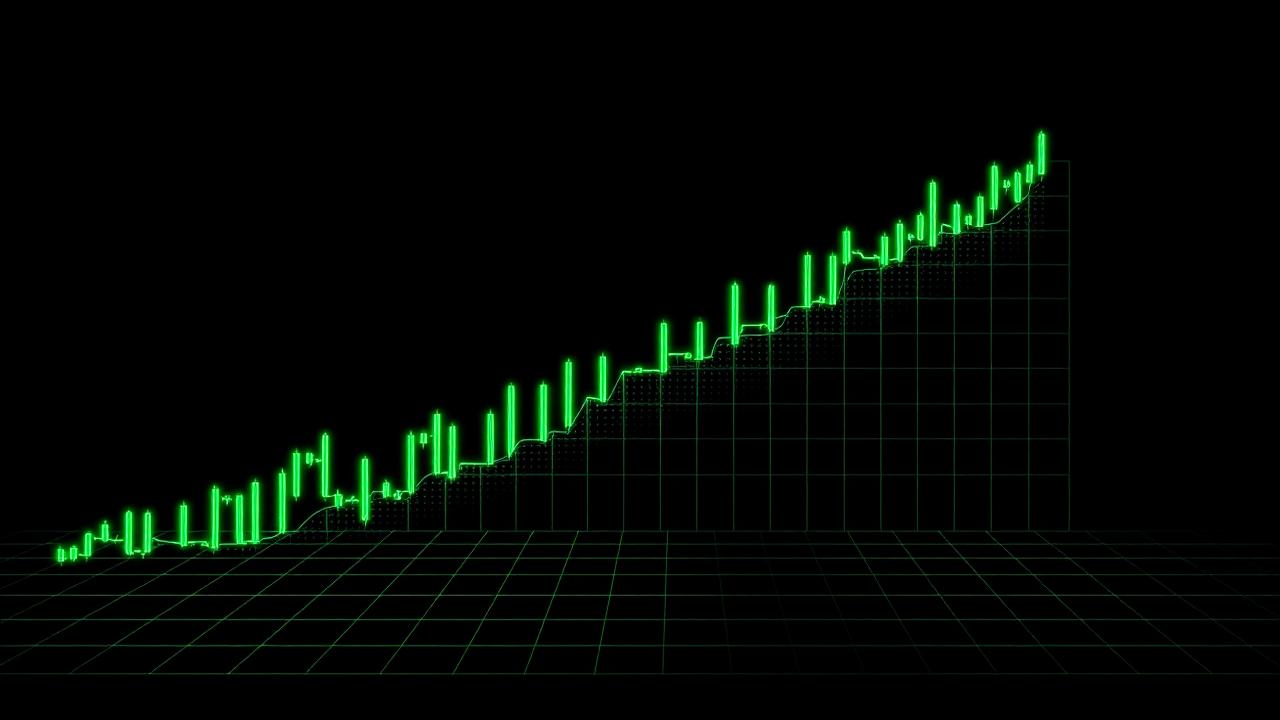 A pixel bonding curve chart of candlesticks rising over a grid